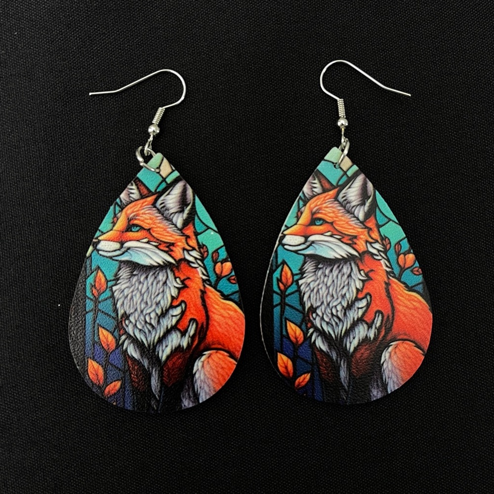 Stained Glass Fox Design Print Water Drop Dangle Earrings.
